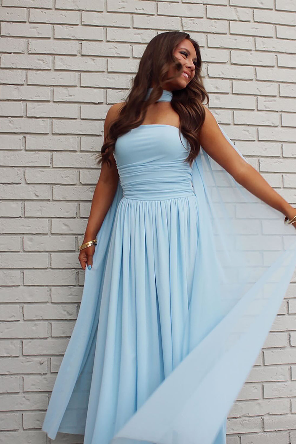 Blue Strapless Neck Scarf Ruched Long Prom Dress