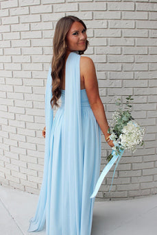 Blue Strapless Neck Scarf Ruched Long Prom Dress
