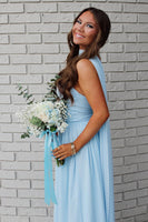 Load image into Gallery viewer, Blue Strapless Neck Scarf Ruched Long Prom Dress