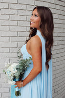 Load image into Gallery viewer, Blue Strapless Neck Scarf Ruched Long Prom Dress