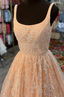 Load image into Gallery viewer, Champagne Square Neck A Line Long Prom Dress with Appliques
