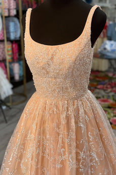 Champagne Square Neck A Line Long Prom Dress with Appliques