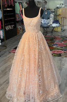 Load image into Gallery viewer, Champagne Square Neck A Line Long Prom Dress with Appliques