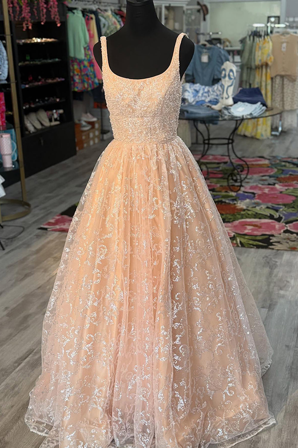 Champagne Square Neck A Line Long Prom Dress with Appliques