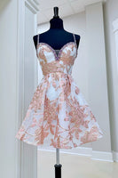 Load image into Gallery viewer, Sparkly Champagne Floral Spaghetti Straps Short Prom Dress with Beading