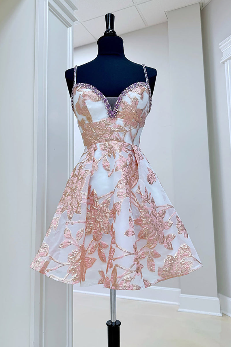 Load image into Gallery viewer, Sparkly Champagne Floral Spaghetti Straps Short Prom Dress with Beading