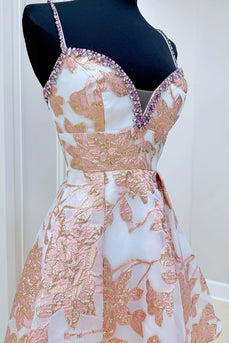 Sparkly Champagne Floral Spaghetti Straps Short Prom Dress with Beading