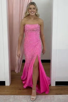 Load image into Gallery viewer, Sparkly Fuchsia Mermaid Strapless Beaded Long Prom Dress with Slit