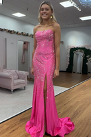 Load image into Gallery viewer, Sparkly Fuchsia Mermaid Strapless Beaded Long Prom Dress with Slit