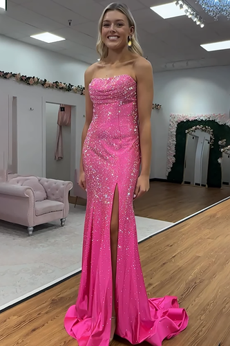 Sparkly Fuchsia Mermaid Strapless Beaded Long Prom Dress with Slit