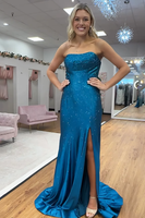 Load image into Gallery viewer, Sparkly Fuchsia Mermaid Strapless Beaded Long Prom Dress with Slit