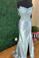 Load image into Gallery viewer, Sparkly Light Blue Floral Mermaid Beaded Long Corset Prom Dress with Slit