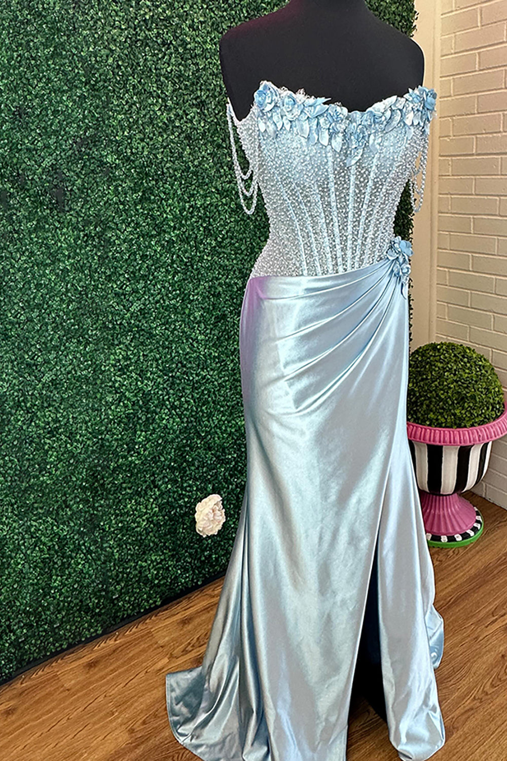 Sparkly Light Blue Floral Mermaid Beaded Long Corset Prom Dress with Slit