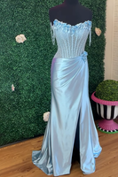Load image into Gallery viewer, Sparkly Light Blue Floral Mermaid Beaded Long Corset Prom Dress with Slit