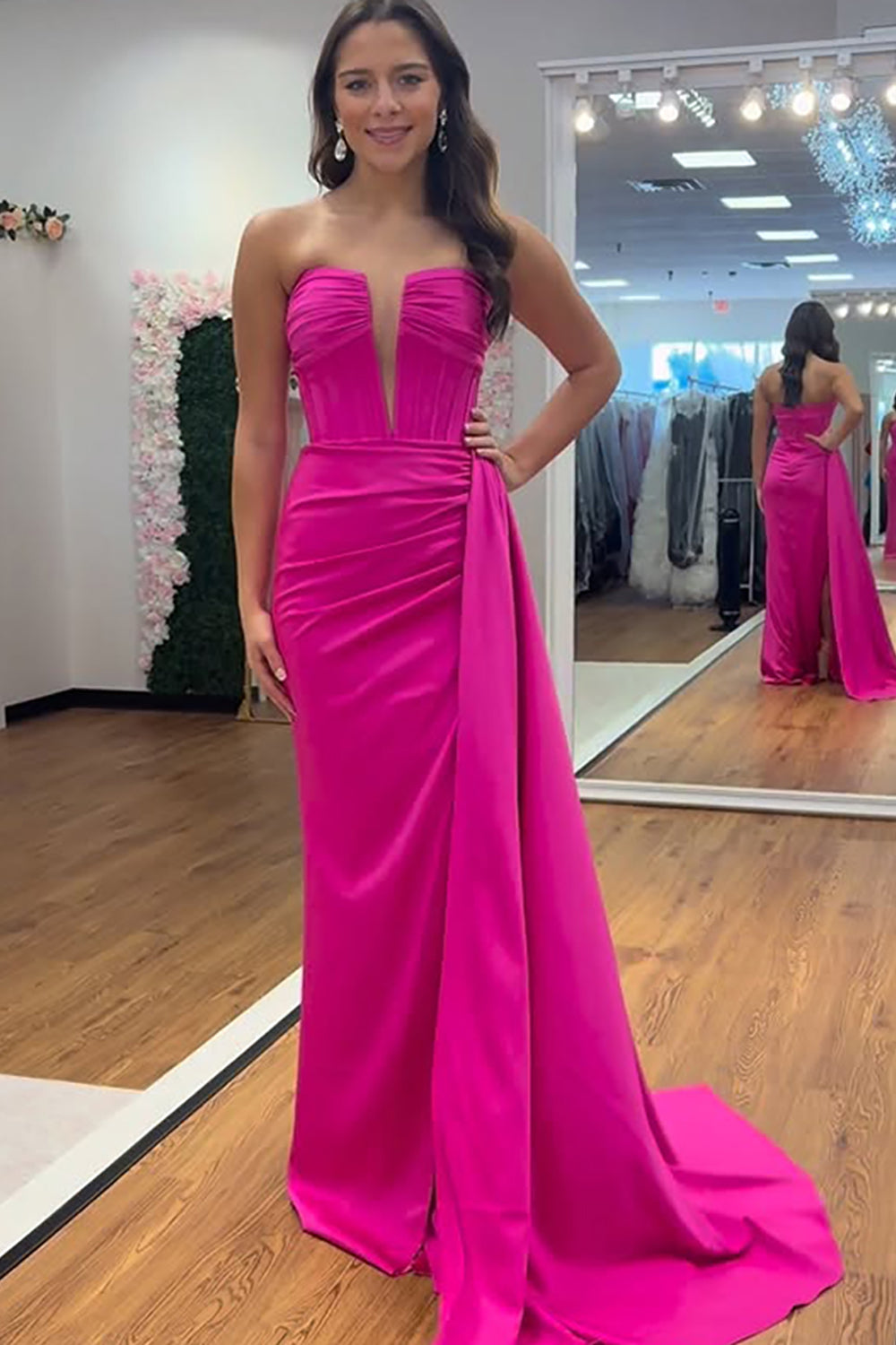 Fuchsia Satin Strapless Long Corset Prom Dress with Side Cape