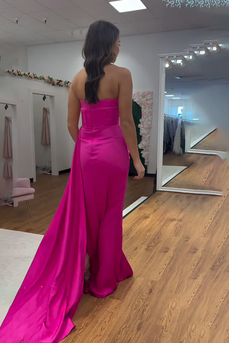 Fuchsia Satin Strapless Long Corset Prom Dress with Side Cape