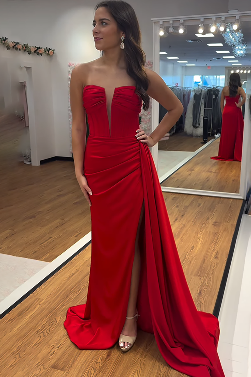 Load image into Gallery viewer, Fuchsia Satin Strapless Long Corset Prom Dress with Side Cape