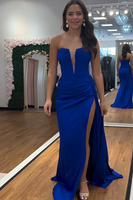 Load image into Gallery viewer, Fuchsia Satin Strapless Long Corset Prom Dress with Side Cape