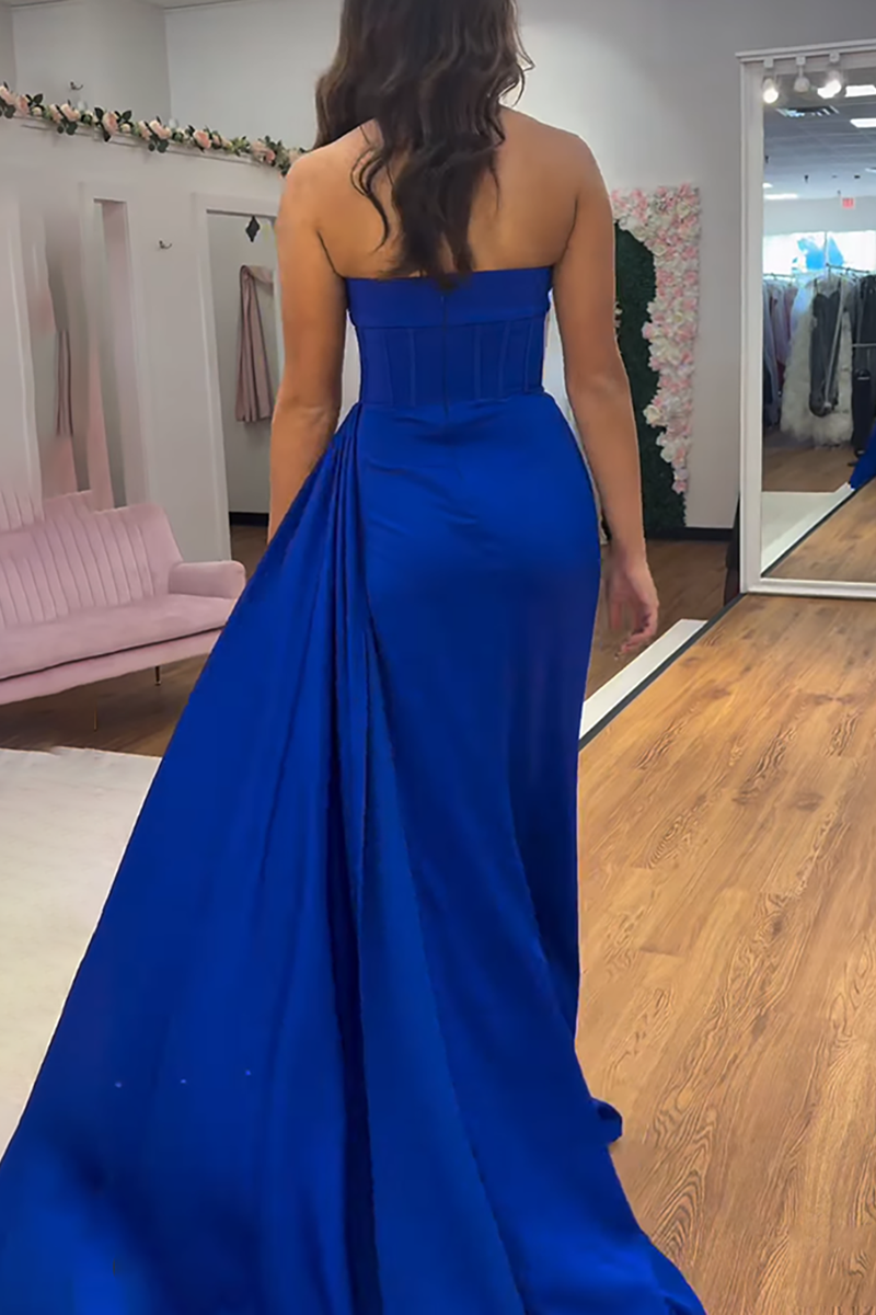 Load image into Gallery viewer, Fuchsia Satin Strapless Long Corset Prom Dress with Side Cape