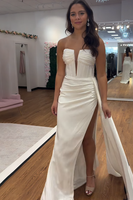 Load image into Gallery viewer, Fuchsia Satin Strapless Long Corset Prom Dress with Side Cape