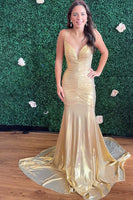 Load image into Gallery viewer, Gold Spaghetti Straps Mermaid Ruched Long Prom Dress