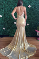 Load image into Gallery viewer, Gold Spaghetti Straps Mermaid Ruched Long Prom Dress