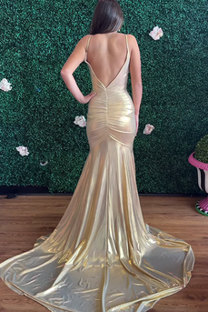 Gold Spaghetti Straps Mermaid Ruched Long Prom Dress