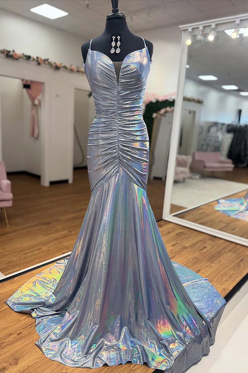 Load image into Gallery viewer, Gold Spaghetti Straps Mermaid Ruched Long Prom Dress