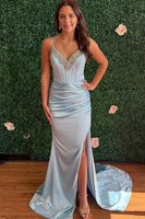 Load image into Gallery viewer, Sparkly Light Blue Satin Spaghetti Straps Mermaid Long Beaded Prom Dress with Slit