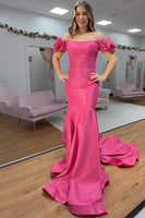 Load image into Gallery viewer, Fuchsia Ruffled Mermaid Off the Shoulder Long Prom Dress