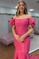 Load image into Gallery viewer, Fuchsia Ruffled Mermaid Off the Shoulder Long Prom Dress