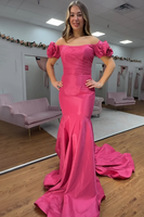 Load image into Gallery viewer, Fuchsia Ruffled Mermaid Off the Shoulder Long Prom Dress