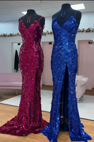 Load image into Gallery viewer, Sparkly Fuchsia Sequin Mermaid Long Prom Dress with Slit