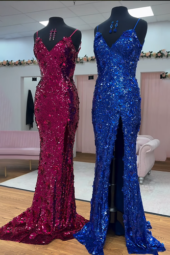 Sparkly Fuchsia Sequin Mermaid Long Prom Dress with Slit