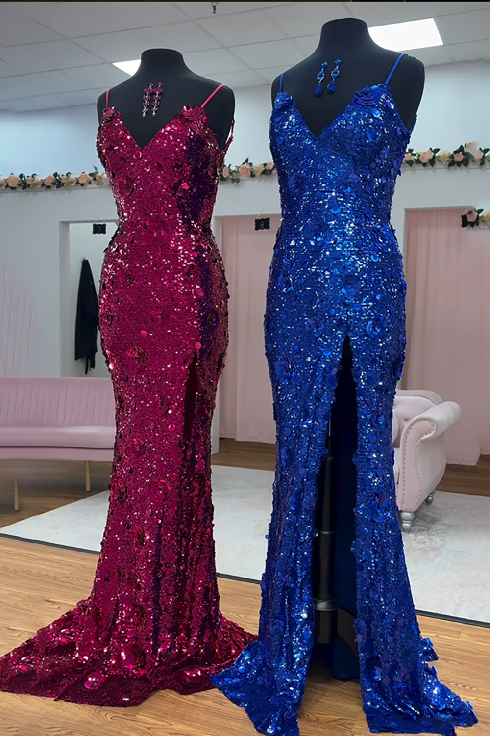 Sparkly Fuchsia Sequin Mermaid Long Prom Dress with Slit