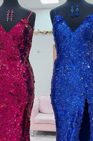 Load image into Gallery viewer, Sparkly Fuchsia Sequin Mermaid Long Prom Dress with Slit