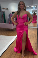 Load image into Gallery viewer, Fuchsia Satin Mermaid Backless Long Prom Dress with Bow