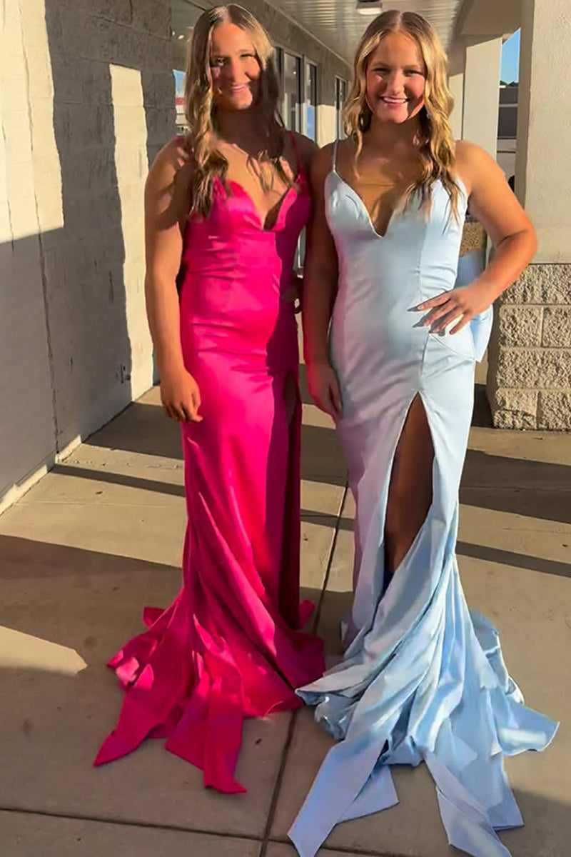 Load image into Gallery viewer, Fuchsia Satin Mermaid Backless Long Prom Dress with Bow