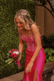 Sparkly Fuchsia Beaded Strapless Mermaid Long Prom Dress