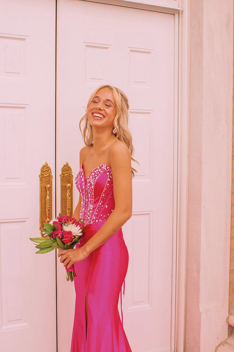 Load image into Gallery viewer, Sparkly Fuchsia Beaded Strapless Mermaid Long Prom Dress