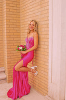 Load image into Gallery viewer, Sparkly Fuchsia Beaded Strapless Mermaid Long Prom Dress