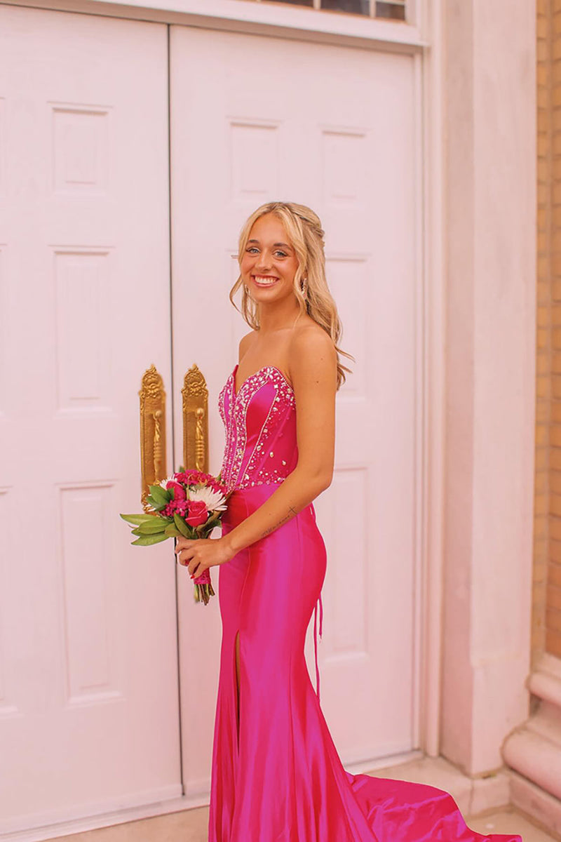 Load image into Gallery viewer, Sparkly Fuchsia Beaded Strapless Mermaid Long Prom Dress