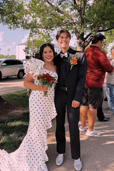 White Black Mermaid Ruffled Polka Dots Long Prom Dress with Slit