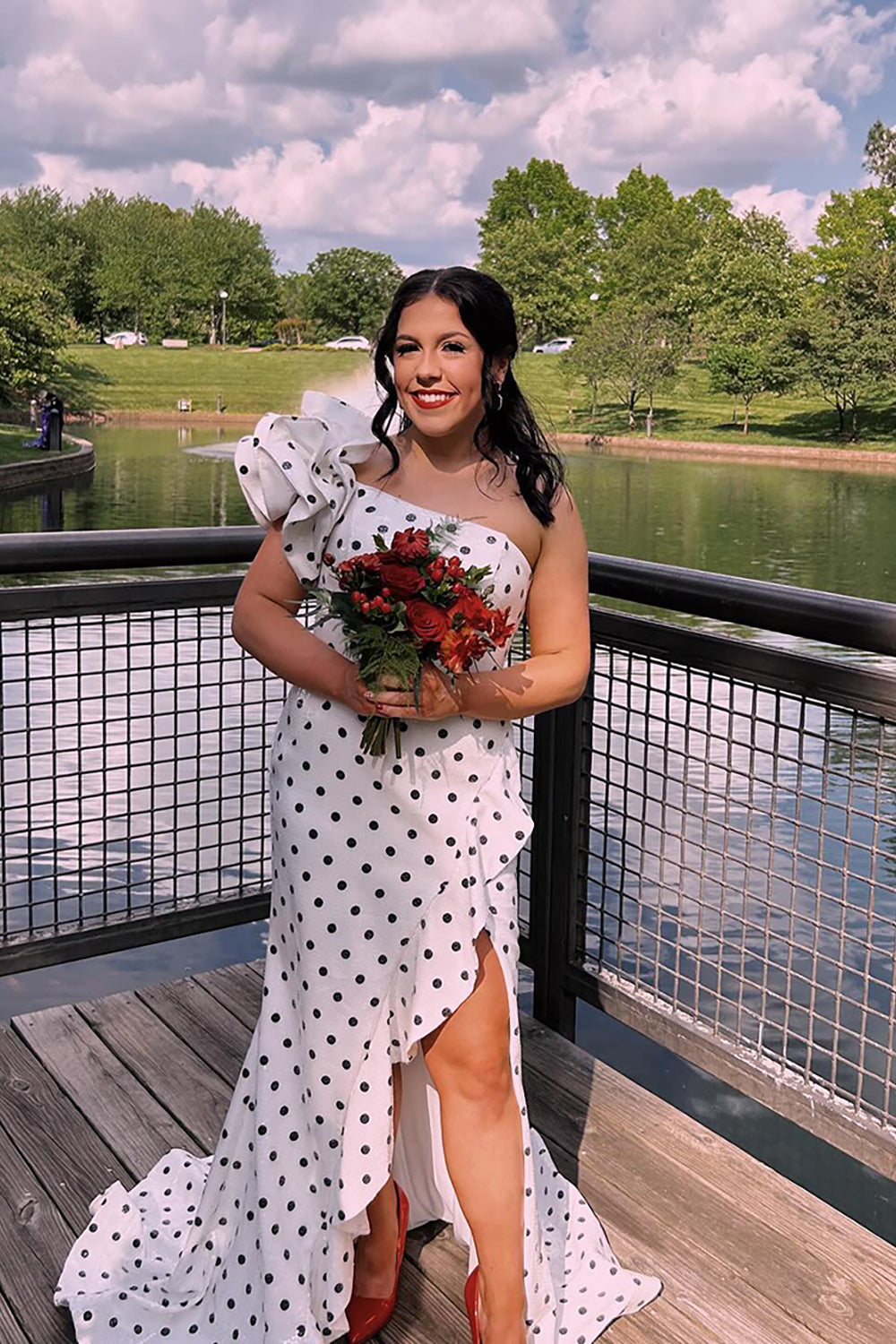 White Black Mermaid Ruffled Polka Dots Long Prom Dress with Slit