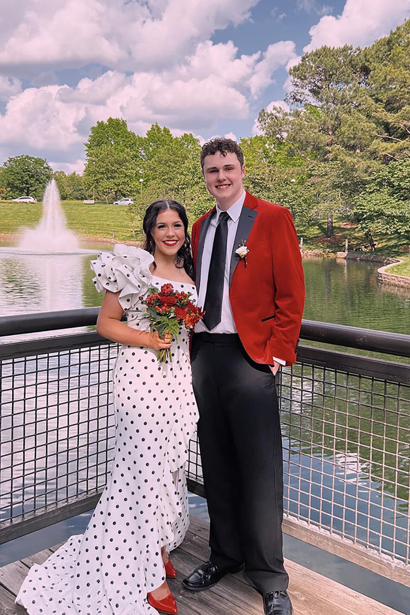Load image into Gallery viewer, White Black Mermaid Ruffled Polka Dots Long Prom Dress with Slit