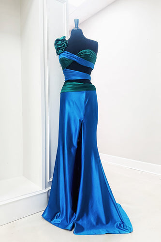 Blue Mermaid One Shoulder Cut Out Long Prom Dress with Slit
