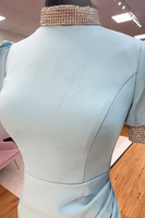 Load image into Gallery viewer, Sparkly Light Blue Satin High Neck Beaded Mermaid Long Prom Dress