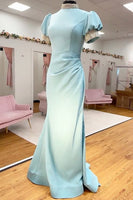 Load image into Gallery viewer, Sparkly Light Blue Satin High Neck Beaded Mermaid Long Prom Dress