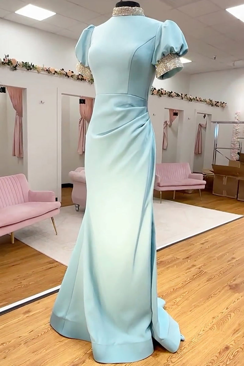 Load image into Gallery viewer, Sparkly Light Blue Satin High Neck Beaded Mermaid Long Prom Dress