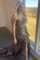 Load image into Gallery viewer, Brown Leopard Mermaid Sweetheart Long Corset Prom Dress with Slit